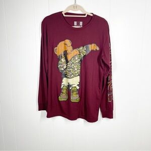 Hustle Savage Dark Red Camo Bear Graphic Long Sleeve Tee Medium